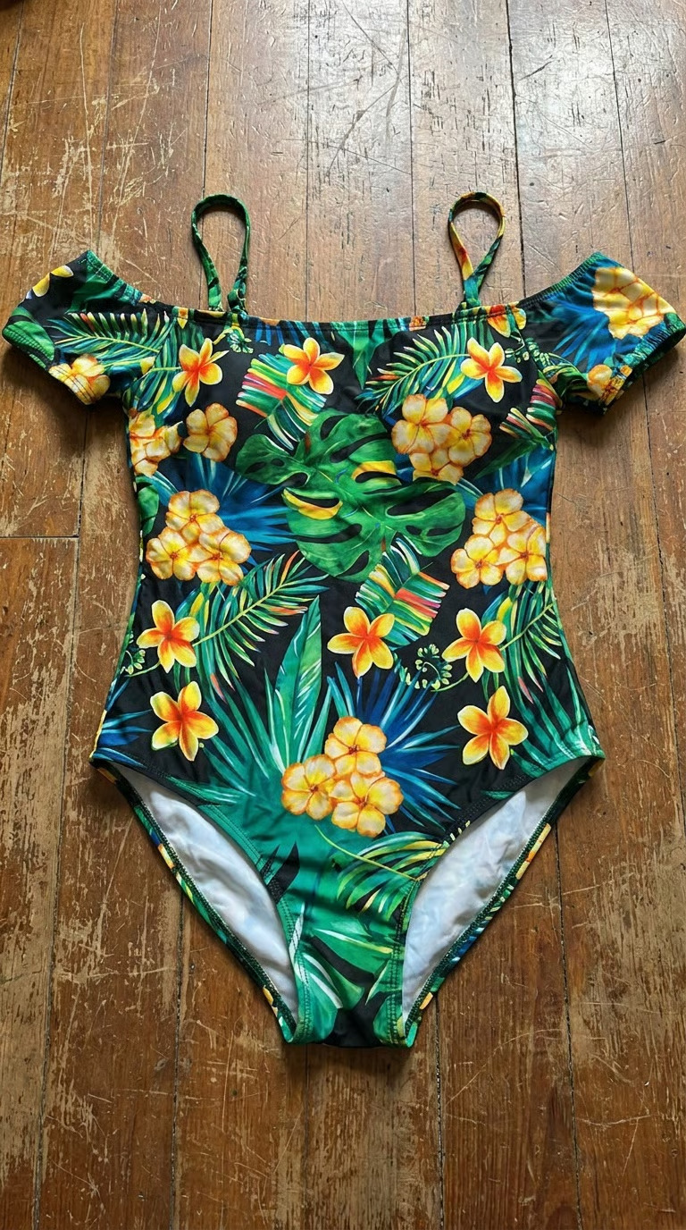 Tropical swimsuit photographed on a wooden table