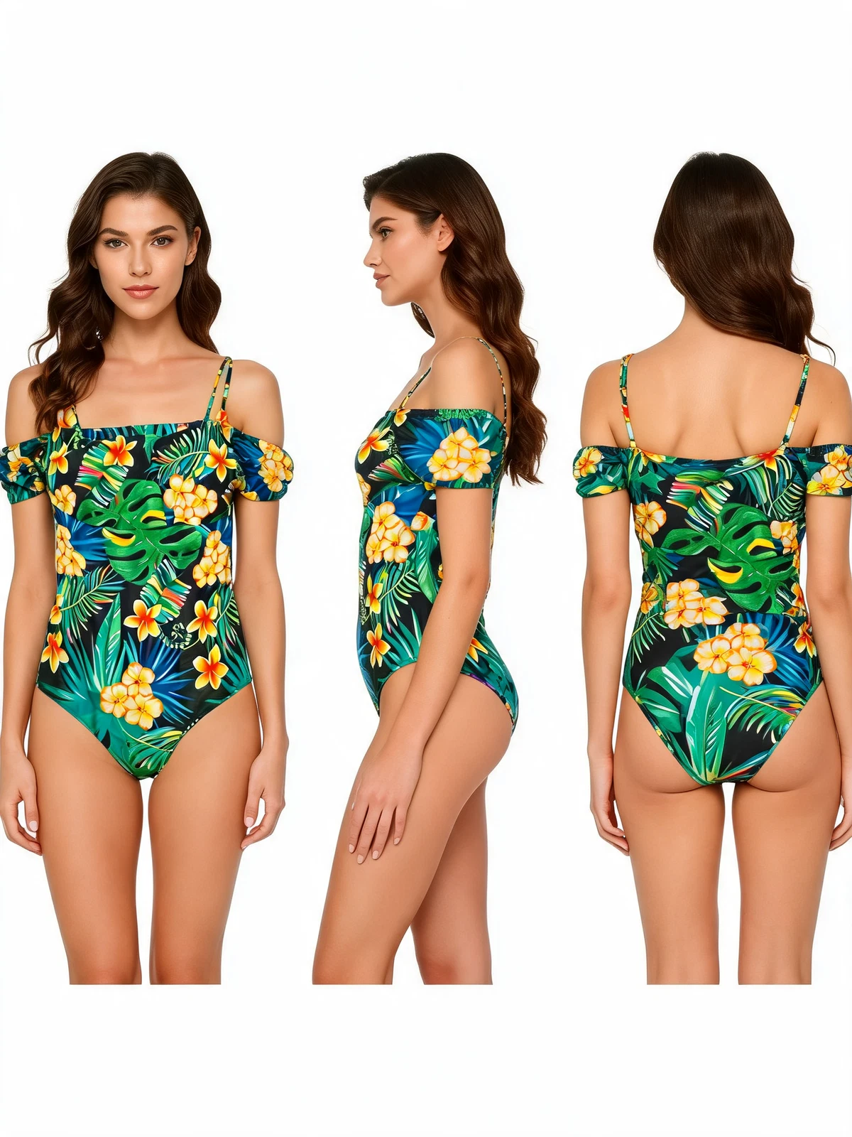 Same tropical swimsuit shown on a virtual model from front side and back